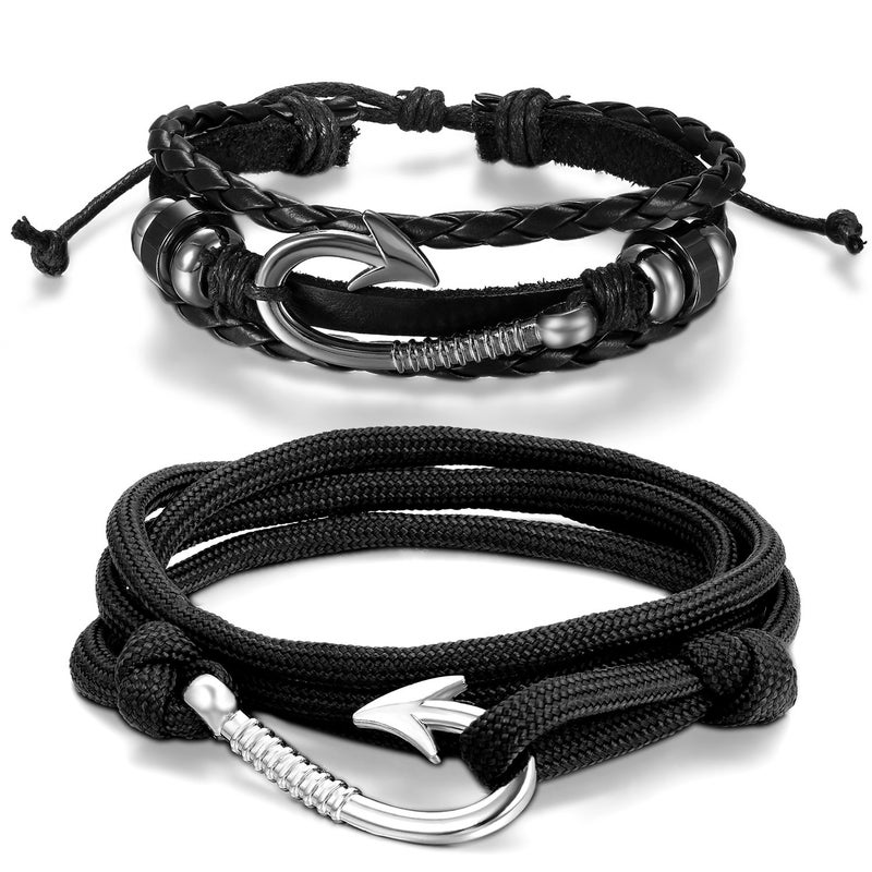 Aroncent 2pcs Fish Hook Bracelet Leather Nylon Braided Wrap Rope Wristband Nautical Bracelets for Men Women 8.5-10.5 Inches - Image 1